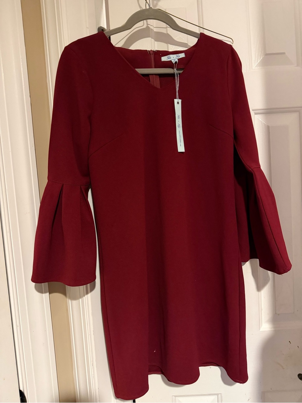 She + Sky Burgundy Bell-Sleeve Shift Dress. Great for Gameday